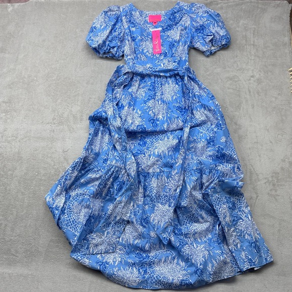 Lilly Pulitzer Dresses & Skirts - Lilly Pulitzer Ezralyn Maxi Dress Womens 00 Boca Blue Floral Puff Sleeve Cotton